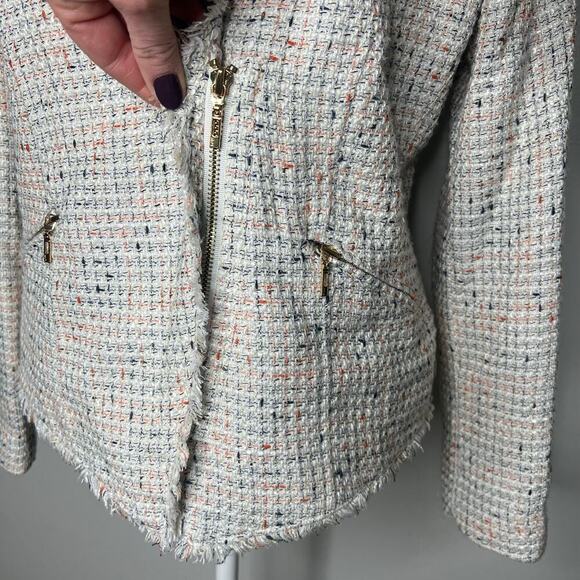MNG by Mango Women's Tweed Speckled Blazer Coat Jacket Size 8 Asymmetrical Zip - Picture 5 of 12